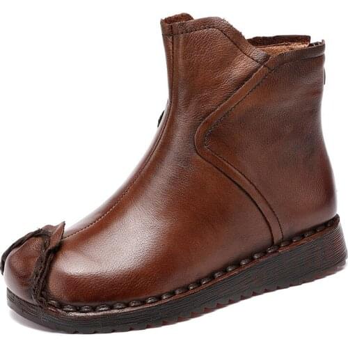 UMMEWALO Retro Soft Sole Boots Women Round Toe Winter Genuine Leather Low Heel Hand Stitched Short Boots Ladies