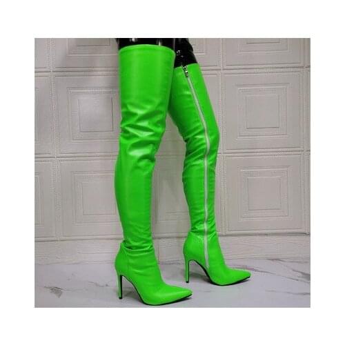 2022 Catwalk Fashion Over The Knee Women Long Boots Thigh High Heels Fluorescent Leather Full Zipper Female Bota Botines Mujer