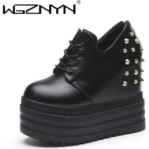 2021 New Women High Platform Shoes Height Increasing 12CM Ladies Sneakers Autumn Rivet Women Shoes Breathable Pu Leather Shoes