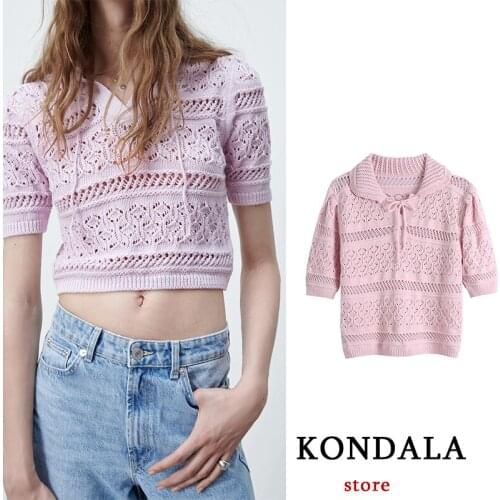 KONDALA Za Women Sexy Blouses Jacquard Mesh Knit Pink Top Summer Hollow Out Short Sleeve Chic Mujer Short Tops Vintage Shirt