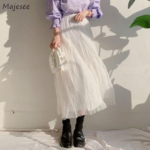 Skirts Women Preppy Style Solid Lovely Casual Korean Summer New Mesh Cozy Chic Elastic Waist Female Popular Holiday A-line Sweet