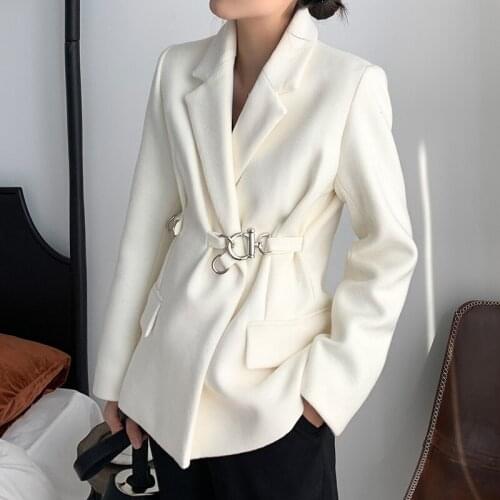 2020 New Winter Women White Woolen Jacket High Quality Elegant Lapel Belt Buckle Office Ladies Korean Blazer Coat Mujer Chaqueta