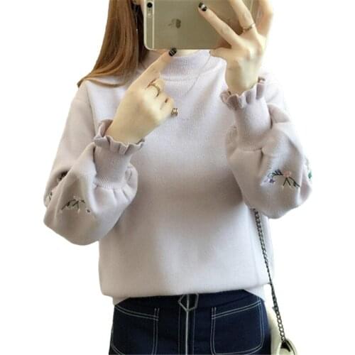 Autumn Korean Fashion Half High Collar Embroidery Knitting Sweater Women Pullover Loose Casual Long Sleeve Knitted Tops Female