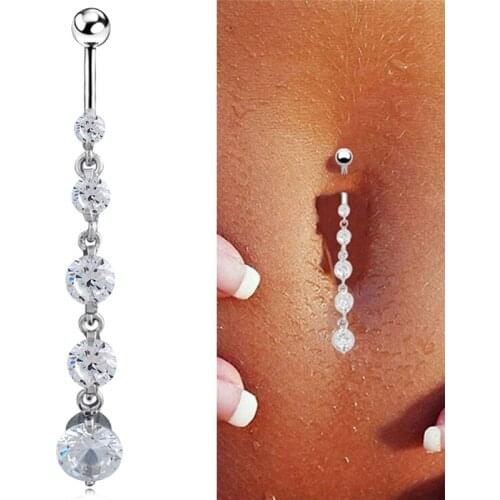 Round Five Small Zircon Navel Ring Long Section Sexy Fashion Stainless Steel Belly Chain Body Piercing Jewelry For Women