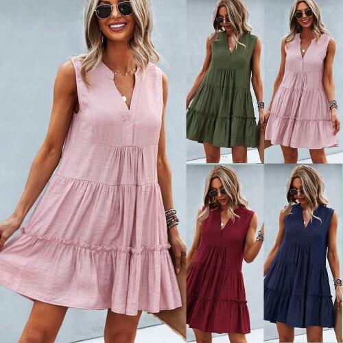 Summer Sexy V-neck Ins Wind Solid Color Women Dress Loose Casual Fashion Sleeveless Lace Skirt A-Line -40