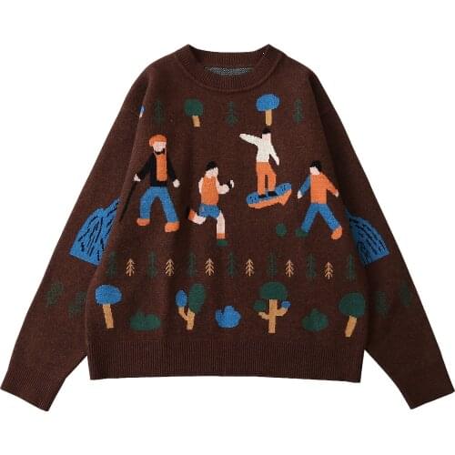 Winter New Design Ladies Sweater Long Sleeve O-Neck Brown Womens Knit Sweater Autumn Warm Thick Top Print Suitable for Teenage