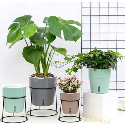 1 Set Creative Self-watering Flower Pot Green Plant Planter Home Office Desk Decoration Iron Frame Garden Succulent Pot
