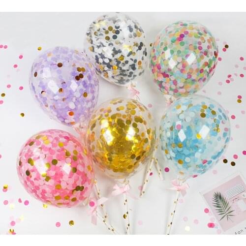 1pc 5 Inch Confetti Balloon Cake Topper Decoration with Paper Straw Ribbon Table Baby Shower One Birthday Wedding Party Supplies