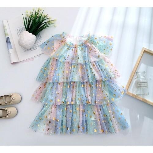 2021 New Girls Dress Tiers Stars Princess Dresses Birthday Wear Christmas Holiday Costume Infant Party Dress3-10y year
