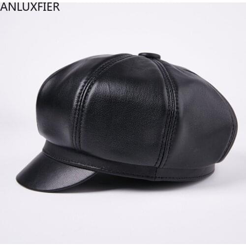 B-7210 New Arrival Leather Hat Adult Genuine Leather Cap Elderly Sheepskin Beret Peaked Cap Mens Winter Warm Cap