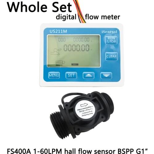 US211M Digital Flow Sensor Meter & FS400A PA66 Nylon and Fibre Glass Hall Flow Sensor Measurement 1-60L/minBSPP G1" Dijiang