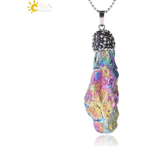 CSJA Natural Crystal Quartz Gem Stone Pendants Cubic Zircon Rhinestone Necklace Wedding Multicolor Irregular Pendulum Charm E315