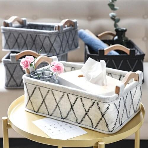 S/M/L Durable Felt Wooden Home Storage Basket Sundries Organizer Books Magazines Box with Wood Handle