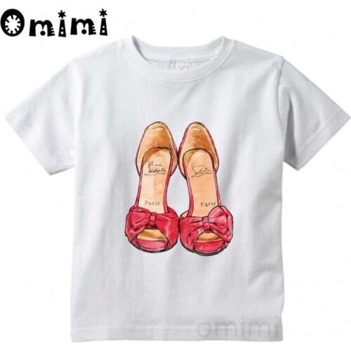 Kid White T-shirt New Red Shoe Print Girls T shirt Short Sleeve O-neck Summer Tops Casual Children Tshirt,ooo3079