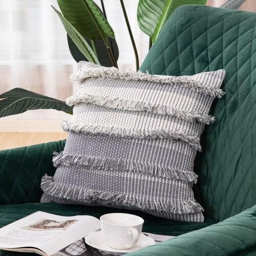 DUNXDECO Cushion Cover Decorative Pillow Case Modern Gray Geometric Tassels Cotton Weaving Coussin Sofa Chair Bedding Cushion