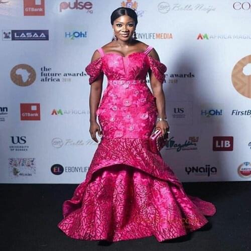 Fuchsia Plus Size Prom Dresses Off Shoulder Cap Sleeves Lace Appliques Beads Tiered Mermaid Evening Gowns Aso Ebi Women Dress