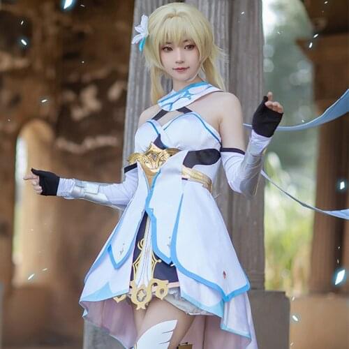 Genshin Impact Cosplay Costume Traveler Lumine Cosplay Costume Women White Costume Halloween Dress Stocking Belt Suit