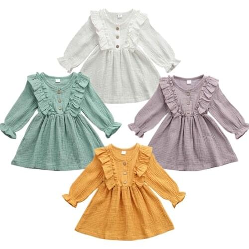Toddler Kids Baby Girl Cotton Linen Party Casual Dress Long Sleeve Clothes Solid Sundress 1-6T Baby Spring Autumn Clothing