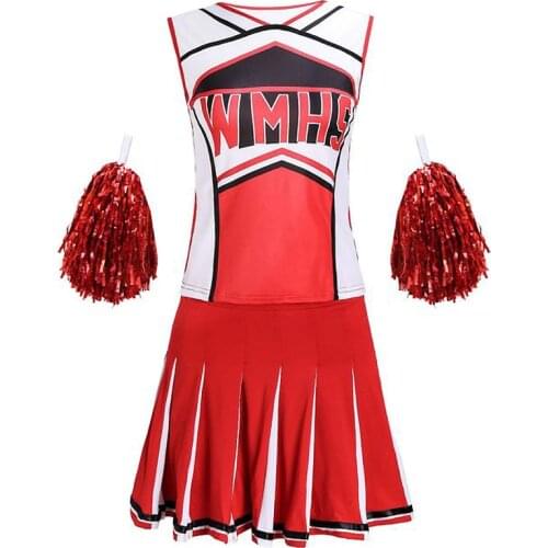 Top+Skirt+Pompoms Cheerleading Costumes Basketball Football High School Cheer Girl Dancing Show Cheerleader Party Uniform Costum