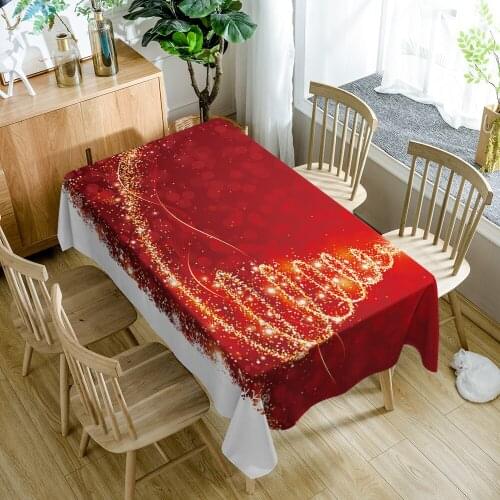 Red Christmas 3d Tablecloth Golden Elk Animal Pattern Washable Polyester Cotton Dustproof Rectangular Table Cloth for Wedding