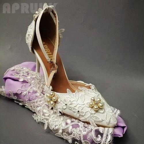 Ivory lace summer pumps shoes woman ankle straps buckle strap crystal rhinestones sexy point toes 10CM thin high heels pumps