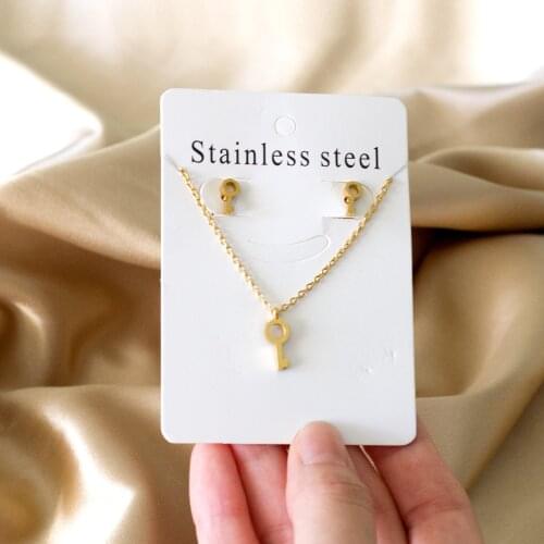 LUXUKISSKIDS Gold Plated Key Shape Pendant Necklace Stainless Steel Earrings Necklace Set Wedding Jewellry Set Birthday Present