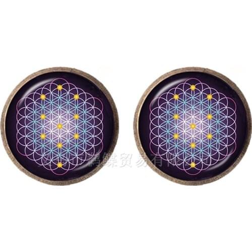 Mandala Flower OM Symbol Buddhism Zen Picture Glass Dome Cabochon Stud Earring Silver/Goden/Antique Bronze Color Jewelry Women