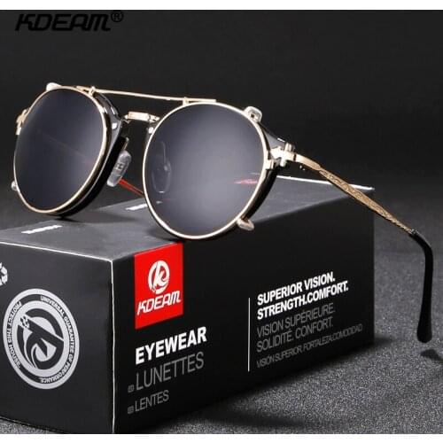 Kdeam Steam punk Clip On Sunglasses for Men Brand Designer Round Sun Glasses Women Baroque Carved Metal Legs with Box