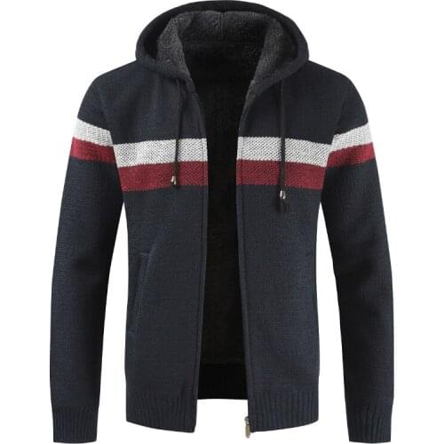 Mens Winter Thick Warm Sweatercoat Hooded Cardigan Jumpers Male Striped Wool Liner Zipper Fleece Outwear Coats Plus Size 3XL