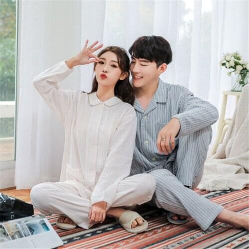 Couple pajamas home service womens cotton simple striped Japanese style double-layer yarn long-sleeved pants pijamas women