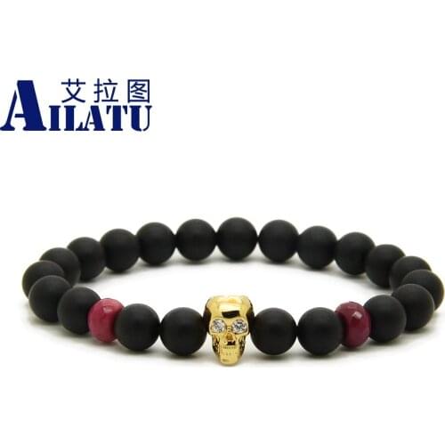 Ailatu Unisex Couples Jewelry Wholesale 10pcs/lot 8mm Matte Purple Fire Stone with Heart cz Skull Lovers Macrame Bracelets