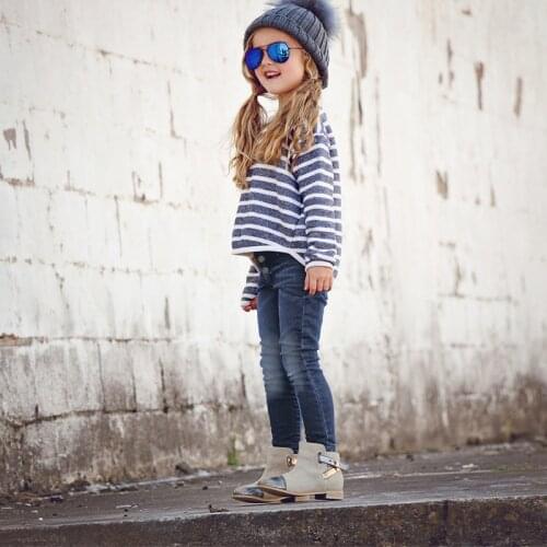 Baby Girls 100% Cotton Striped Long Sleeve T Shirt Jeans Spring Autumn Clothing Set Toddler Kids Causal Demin Pants Clothes Sets