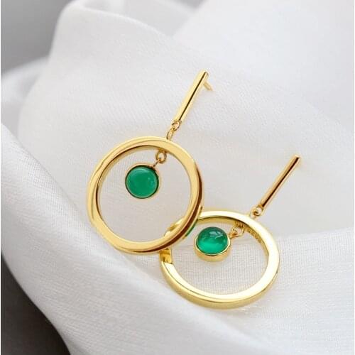 Authentic 925 Sterling Silver Lady Trendy Style Charm 18K Gold Plated Earring Inlaid Natural Green Agate Earing Jewelry Gift
