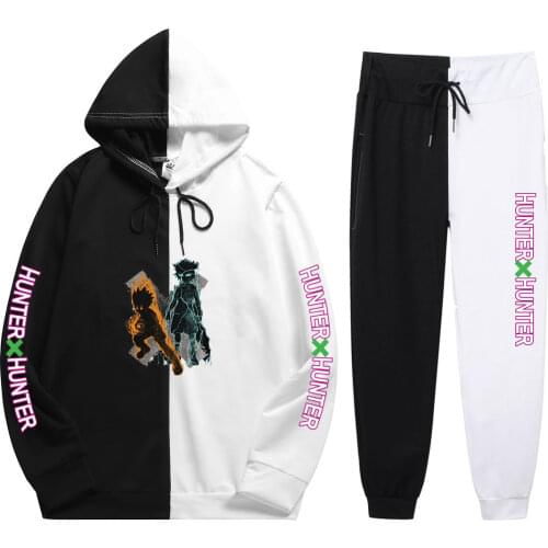 Street Retro Unisex 2 Pieces Sets Anime Hunter X Hunter Print Summer Leisure Fashion Patchwork Thin Hoodie+Patchwork Pants