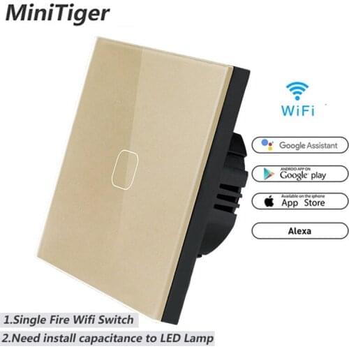 Minitiger EU/UK WIFI Smart Touch Switch APP Wireless Remote Light Wall Switch Crystal Glass Panel Work With Alexa / Google Home
