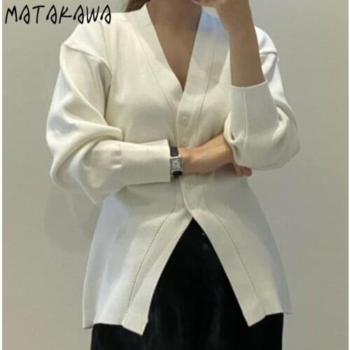 Matakawa Knitted Cardigan Autumn Simple Elegant V Neck Solid Loose All-match Womens Sweaters Long Sleeve Outerwear Sweater