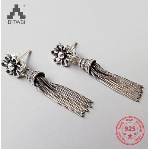 925 Sterling Silver Flower Long Tassel Earrings For Women Thai Silver Elegant Lady Sterling-silver-jewelry