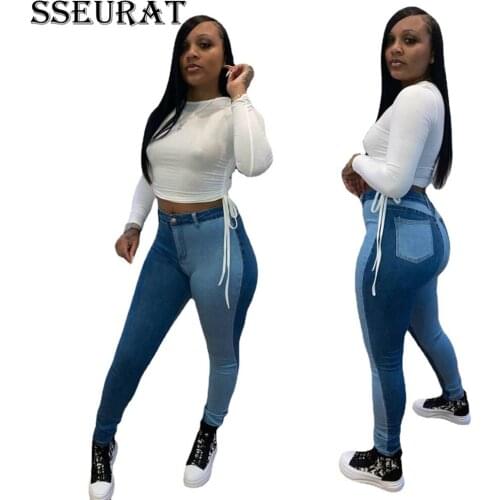SSEURAT Women Jeans Patchwork Mid Waist Zipper Back Pockets Long Pencil Denim Pants Streetwear Summer Trousers