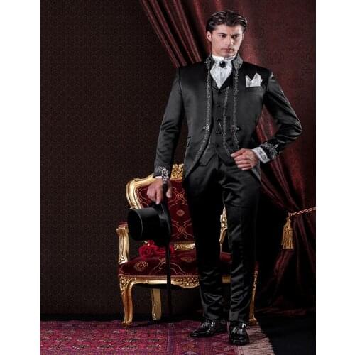 Handsome Mens Suits Embroidery Groom Tuxedos Groomsmen Wedding Party Dinner Best Man Suits Blazer (Jacket+Pants+Vest) NO:334