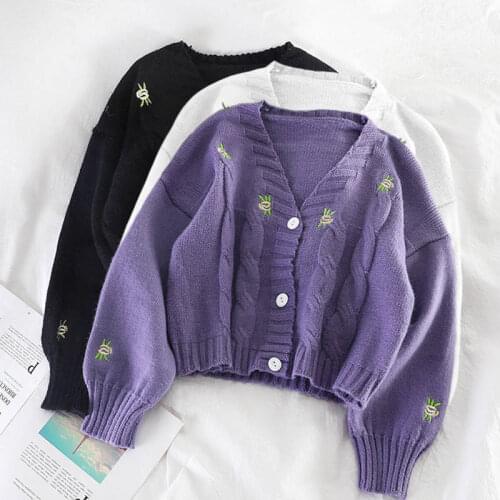 Womens Single-Breasted Short Sweater Coat Autumn Preppy Style Embroidery Knit Cardigan Women Long Sleeve Sweaters Jacket C7463