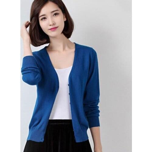 Autumn Women Wool Knitted Cardigan V-Neck Soft Summer Thin Sweater Coat Blue Casual Female Long Sleeve Elegant Solid Short Tops