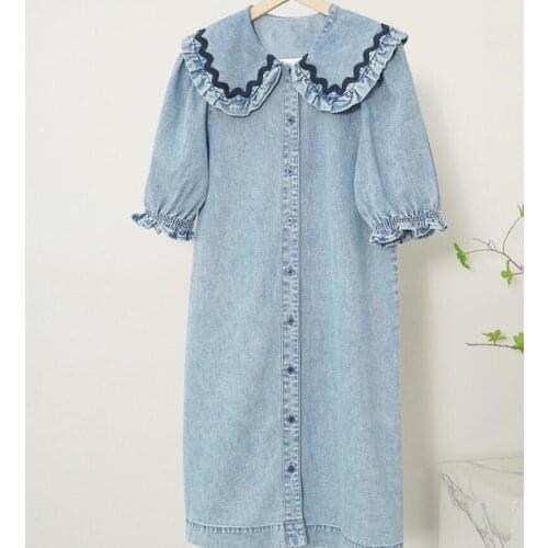 Peter Pan Collar Women Deinm Short Dress 2021 New Puff Sleeve Single Breasted Fashion Sweet Knee-Length Robe Dresses