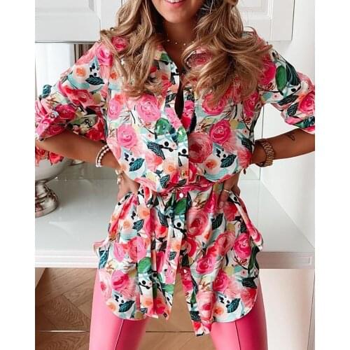 RMSFE 2021 Women Pink Rose Print Long Sleeve Lapel Single Breasted Lace Up Fashion Simple Shirt Dress