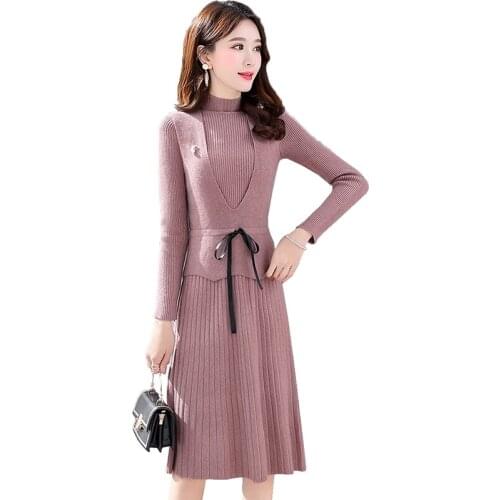 2020 Fashion Ladies Knit Dress Two-Piece Set Vest Top Long Sleeve Womans Clothing Long Bottoming Sweaters A-Line Dresses KW225
