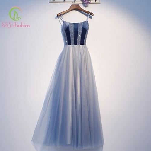 SSYfashion Elegant Blue Evening Dress Strap Sleeveless Lace Up Back Floor-Length Evening Gown Custom Party Formal Dress Long