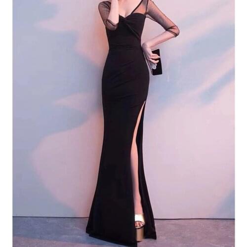 BacklakeGirls Deep V Neck Sheer Sleeves Sexy Prom Dresses Floor Length Side High Slit Mermaid Evening Dress Robe Satin Longue