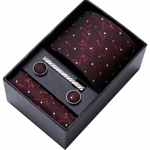 6pcs Pocket Square Meeting Polyester With Box Cufflink Clip Men Ties Set Extra Long Wedding Dating Necktie Business Party Gift