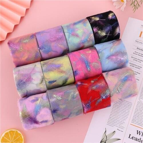 8CM 25Yards/Roll Bronzing Color Gradient Plumage Tulle Fabric Organza DIY Feather Hair Bows Wedding Party Decoration Supplies
