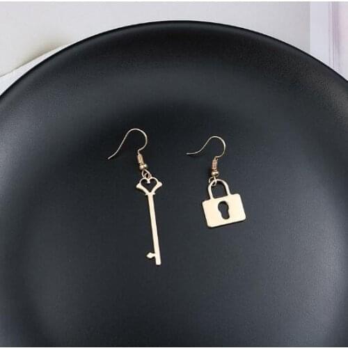 Hollow out Asymmetric Key Lock Drop Earrings Alloy Summer Holiday Jewelry for women girls Funny Party Earrings Christmas gift