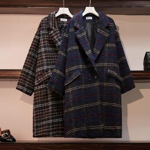 Large size ladies fashion new winter long loose fat younger sister thickening suits grid cloth coat female